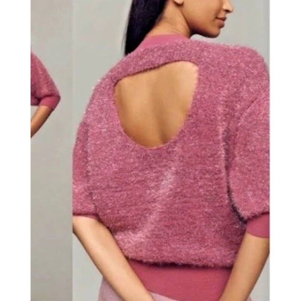 Anthropologie Maeve NWT Violetta Short Sleeve Open Back Sweater Pink Tinsel XL - Picture 3 of 12